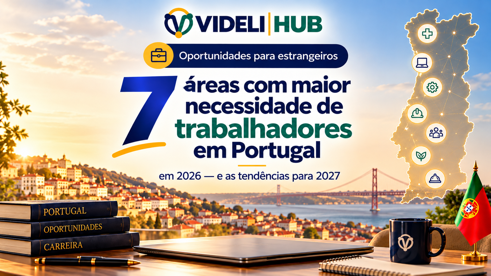 Profissionais de diferentes áreas e pessoa pesquisando vagas de emprego em Portugal pelo IEFP ainda no Brasil