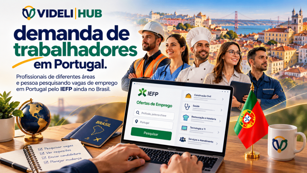 Profissionais de diferentes áreas e pessoa pesquisando vagas de emprego em Portugal pelo IEFP ainda no Brasil